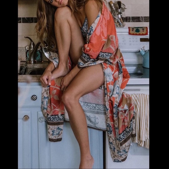 BOHO FLORAL Gypsy Bohemian Kimono Duster In Orange Pelican - Picture 4 of 12
